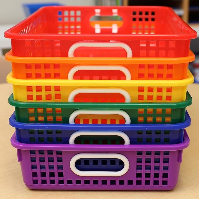 Really Good Stuff Small Desktop Paper Storage Baskets, 14" x 10" x 3.25" | 6-Pack, Rainbow Group Colors, Mesh Baskets for Classroom or Home, Secure Papers Crease-Free - Image 7