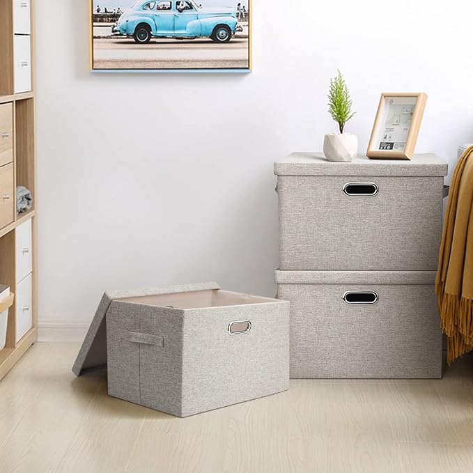 Graciadeco Large Quart Collapsible Stackable Storage Bins with Lids, 3 Packs Beige Linen Fabric Closet Boxes with Lids, Storage Cube Baskets Container Organizers for Bedroom Office(16.6 x 11.7 x 10.8) | 36 Quart 3 Pack Beige Collapsible Stackable Linen... - Image 6