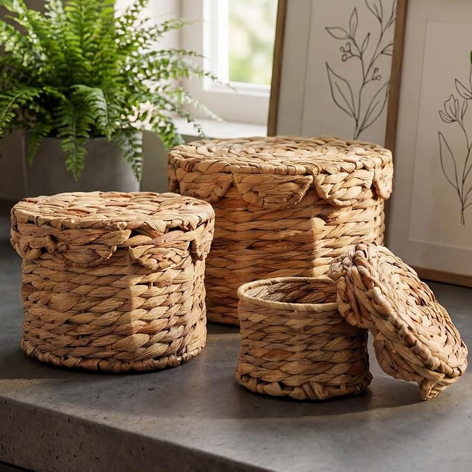 Set of 3 Scalloped Wicker Storage Baskets with Lid Round Rattan Woven Basket 11'' 8.7'' 6.3'' Natural Water Hyacinth Decorative Boxes for Organizing Nursery Home Closet Shelf Decors, 3 Sizes - Image 2