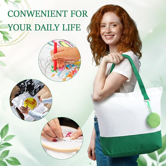 Sanwuta Canvas Tote Bags Bulk with Zipper and Plush Coin Purses 18.5" Reusable Cotton Shopping Bags with Handle for DIY Craft - Image 6