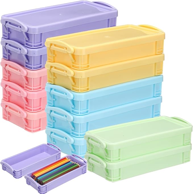 Gueevin Large Capacity Plastic Pencil Box Clear Plastic Pencil Case Crayon Box with Snap Tight Lid Watercolor Pen Storage Brush Organizer Drawing Tools Container (Macaron Colors,12 Pcs) by Gueevin