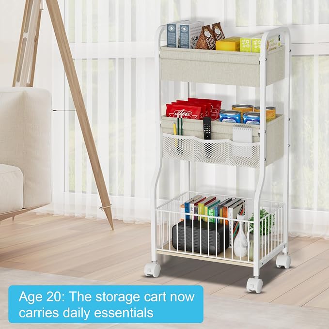3-tier Baby Diaper Caddy Organizer and Storage Cart with 4+3 Dividers, Metal Utility Cart with Lockable Wheels for Nursery, Bedroom, Bathroom, White - Image 6