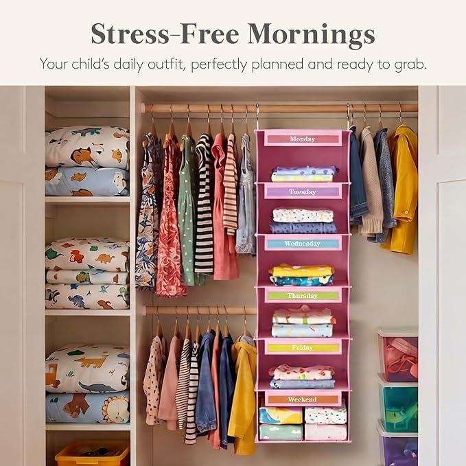 Lifewit 6 Shelf Weekly Hanging Clothes Storage Organizer for Kids, Pink | Closet Storage with Color Labels for School Outfits, Daily Clothing Divider with Days of The Week Monday to Friday Weekend - Image 6