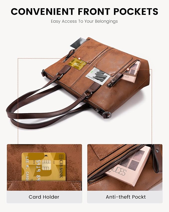 LOVEVOOK Purses Tote Bag for Women, Retro Large Shoulder Handbag, Leather Work Bag with Multi-Pockets, Gifts for Teacher, Mom - Image 3