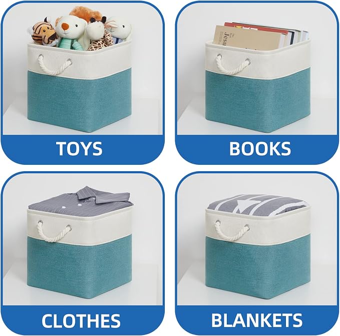 Temary Cubes Storage Baskets 11 Inch Cube Storage Bins 4 Pack Fabric Baskets for Gift Empty Teal Storage Bins for Shelves, Collapsible Fabric Storage Cubes Basket for Storage (White&Teal) - Image 5