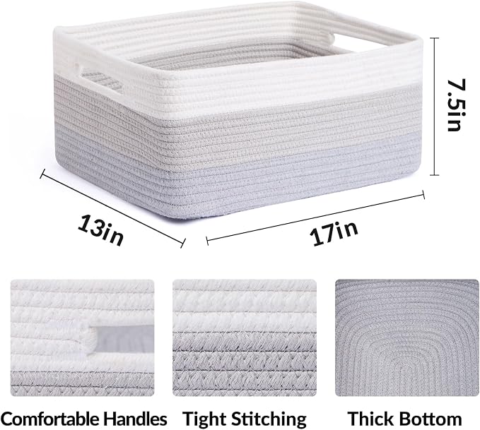 MiniArk Large Storage Baskets for Organizing, 17 x 13 x 7.5” Closet Shelf Baskets for Clothes Blanket Towels, Baby Nursery, Toy Bins Box, Woven Rope Baskets, 4 Packs Gradient Grey - Image 2
