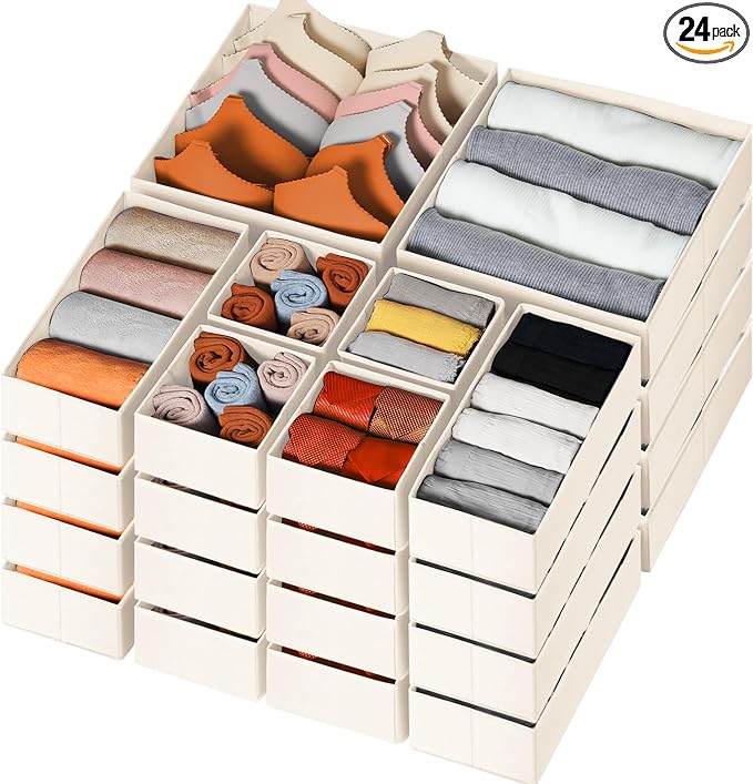 Drawer Organizer Clothes, 24 Pack Dresser Organizer Bins for Nursery Bedroom, Closet Organization and Storage Dividers for Clothing, Baby Clothes, Underwears, Socks (Beige) by Criusia