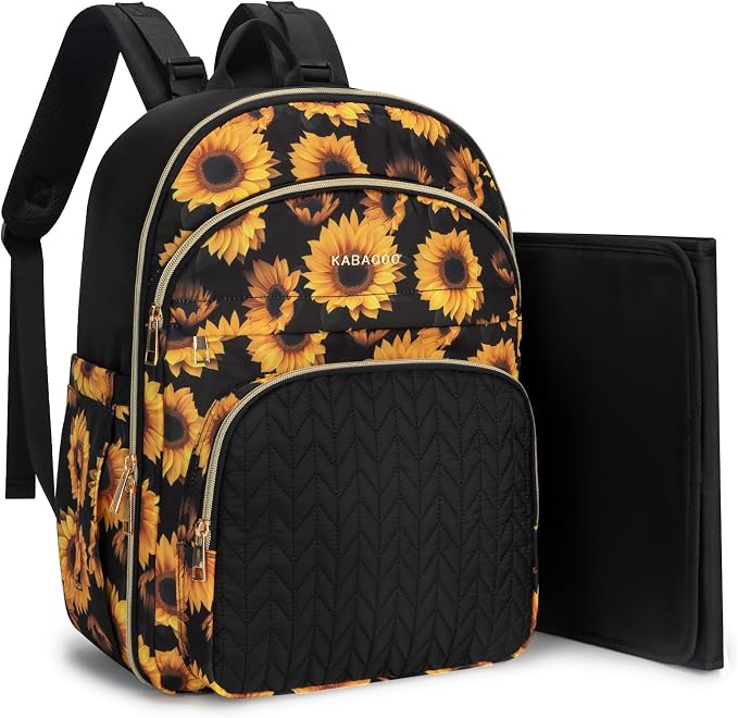 Baby Diaper Bag Backpack, Waterproof Diaper Backpack for Mom & Dad with Changing Pad, Insulated Pockets and Stroller Straps, Baby Shower Gifts for Girls & Boys, Sunflower by KABAQOO