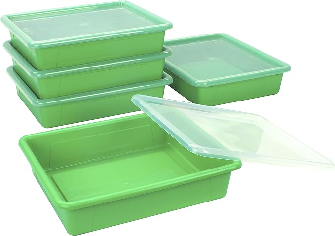 Storex Letter Size Flat Storage Tray – Organizer Bin with Non-Snap Lid for Classroom, Office and Home, Green, 5-Pack (62539U05C) - Image 3