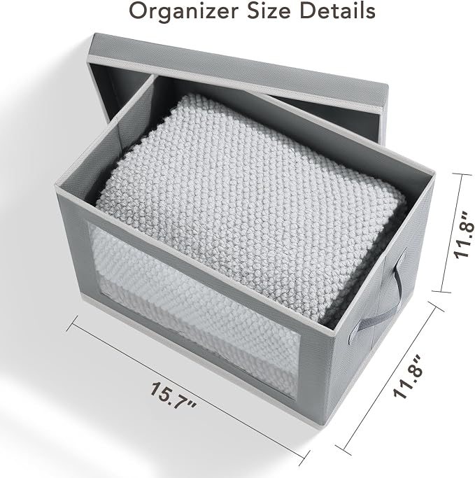 Storage Boxes with Lids - 4 Pack Fabric Clear Window Storage Bins, Large Decorative Storage Bins with Handles, Linen Closet Organizer for Clothes, Towel, Blanket, Light Grey - Image 4