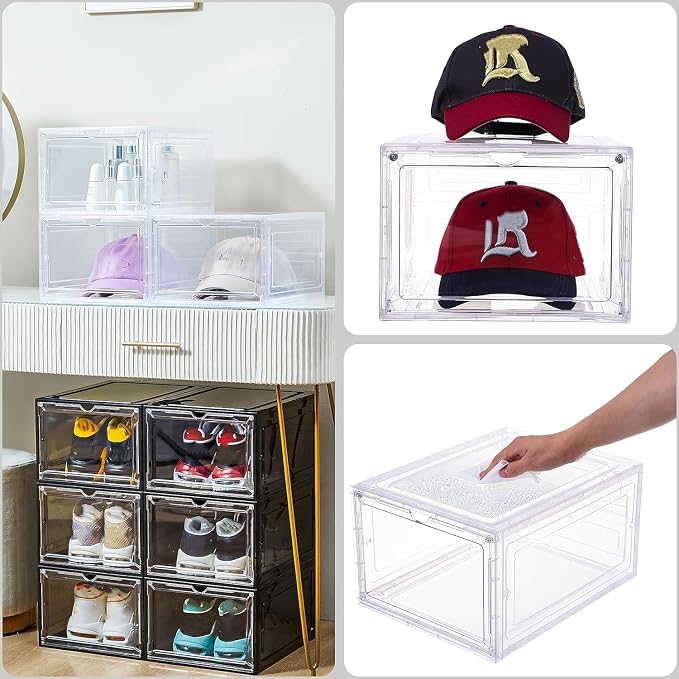 Attelite Upgrade Harder Solid Plastic Hat Organizer for Baseball Caps, 8 Pack Stackable Hat Storage Box with Clear Magnetic Door, Hat Rack(XL-Clear) - Image 2