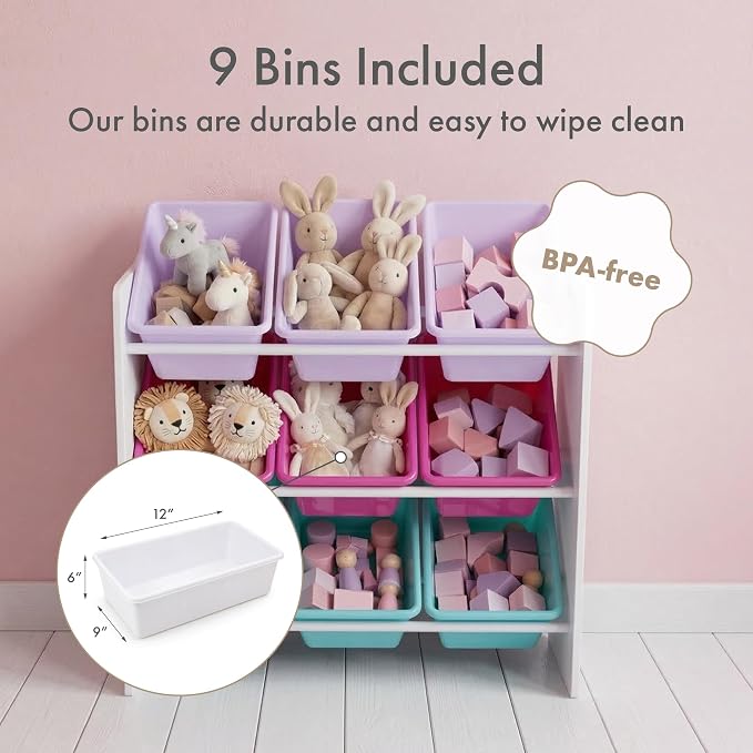 Humble Crew Kids Toy Organizer with 9 Bins, 3 Tier Storage for Playroom | Sturdy wood and steel toddler shelf, removable BPA-free containers, wall anchor anti-tip safety kit for bedroom or classroom - Image 4
