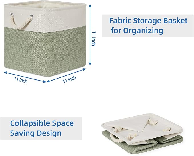 Temary Cube for Shelves 11 Inch Bin 4Pack Fabric Storage Baskets for Organizing Toys, Clothes, Decorative Baskets with Rope Handles (White&Green) - Image 7