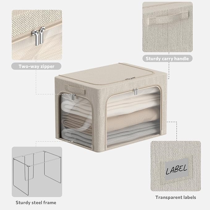 CYhom 3 Openings Clothes Storage Bins Box - 3Pack Stackable Foldable Storage Bin - Metal Frame Storage Box Clothing Storage Organizer with Clear Window, Carry Handles (Beige, 100L-23.6x16.5x15.7in) - Image 3