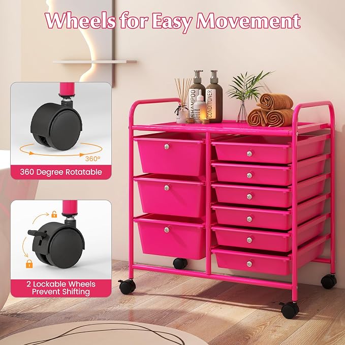 RELAX4LIFE 9 Drawer Rolling Storage Cart - Mobile Drawer Carts for Craft Art Supply Paper Salon, Utility Cart on Wheels for Classroom Teacher School Office, Rolling Cart with Drawers (Hot Pink) - Image 7