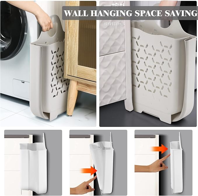 Collapsible Laundry Basket 2Pack,Space-Saving Hanging Clothes Hamper,White | Small plastic hamper, hung on wall/door. Ventilated, slim & portable. Narrow for bathroom, kitchen, travel, dorm, nursery. - Image 2