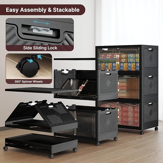 Stackable Storage Bins with Lids, 360QT Lockable Storage Cabinet | Folding Storage Box with Doors and Wheels, Collapsible Plastic Drawers for Home, Garage, Office - Image 4