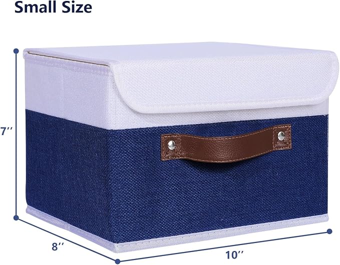 ANMINY Fabric Storage Box Bins with Lids, Blue White, 10"x8"x7", 4 Pack | Keepsake Memory Storage, Cotton Linen, PP Board Reinforced, Washable, PU Handles, Foldable & Stackable, Decorative, Small - Image 5