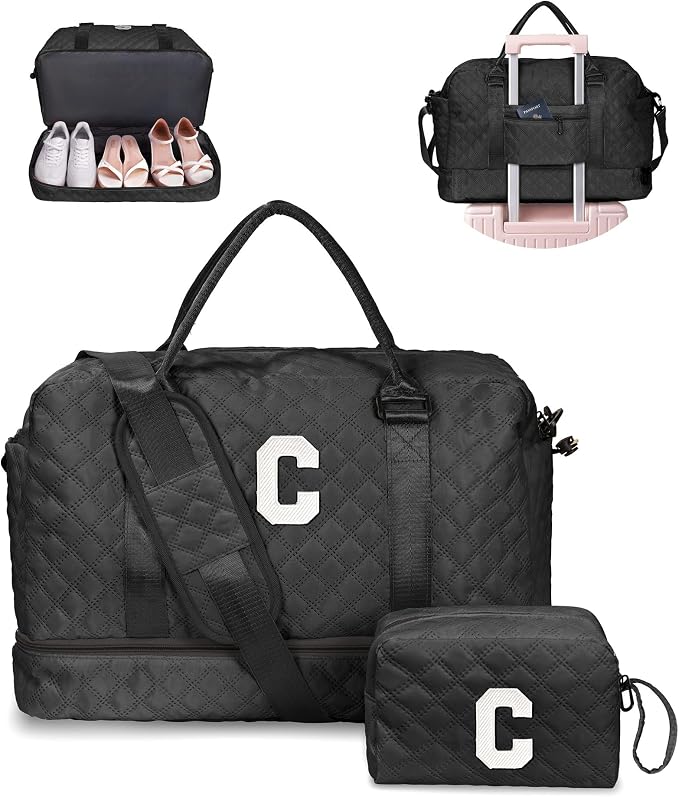 Birthday Gifts-for Women-Initial Duffle Bag with Shoe Compartment | Personalized Weekender Bag, Monogram Overnight Bags, Letter Travel Bags with Makeup bag，Friend Wife Birthday Gift (Letter C) by Vogewood