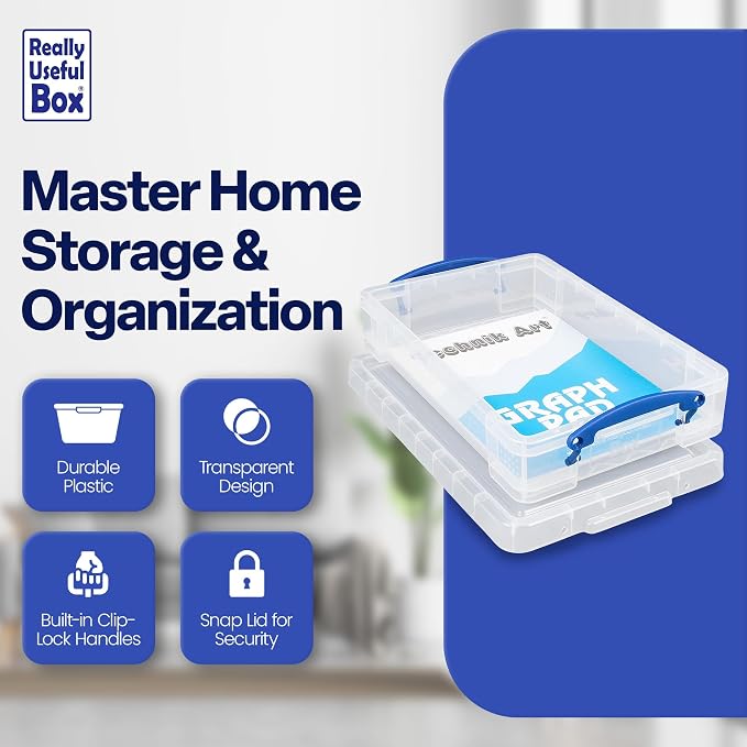 Really Useful Box 4 Liter Plastic Stackable Storage Container w/Snap Lid & Built-In Clip Lock Handles for Home & Office Organization, Clear (3 Pack) - Image 2