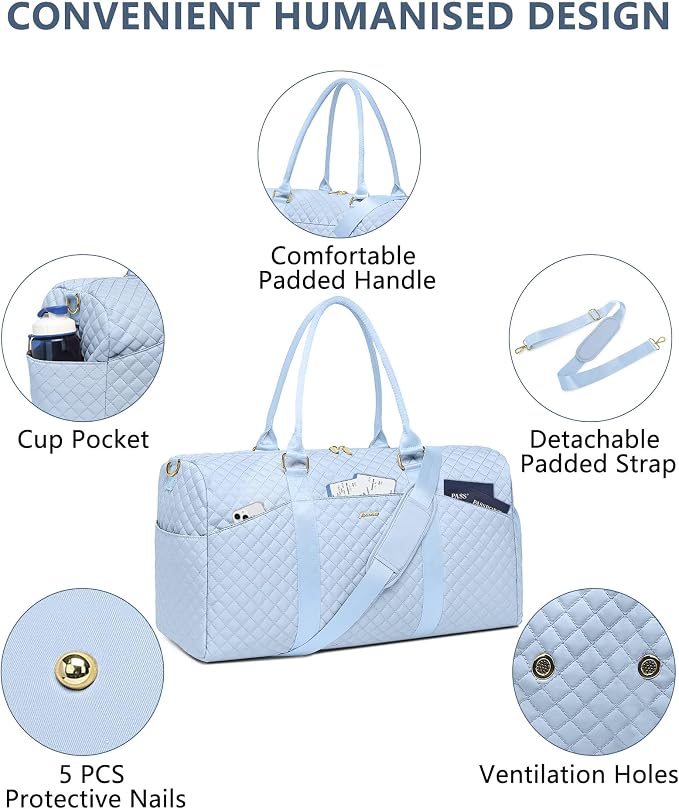 Women Weekender Travel Duffle Bag: Travel Duffel Overnight Bags with Shoe Compartment Large Carry on Tote with Toiletry Bag Weekend Traveling Yoga Gym Hospital Bag for Women with Wet Pocket Light Blue - Image 3