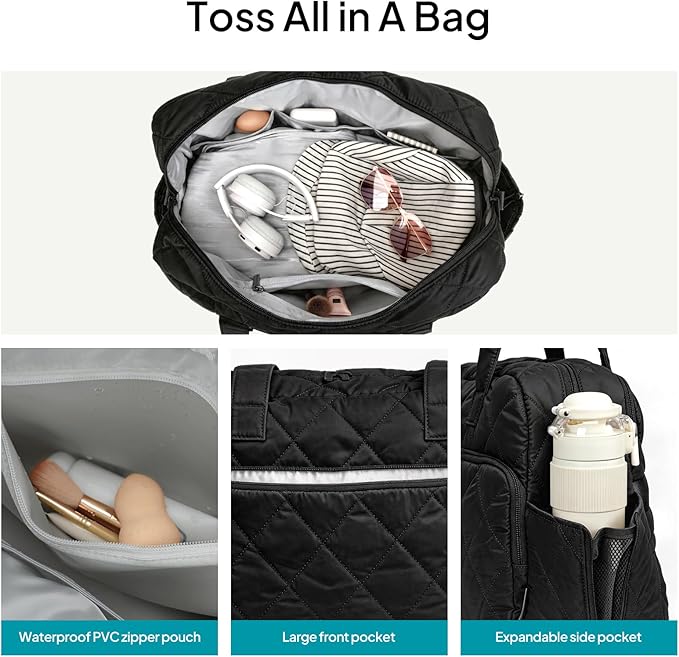 TOPEAST Duffel Bag for Women Travel, Expandable Quilted Weekender Overnight Duffle Bag with Adjustable Strap, Lightweight 33L Personal Item Bag Hospital Bags for Labor and Delivery, Black - Image 5
