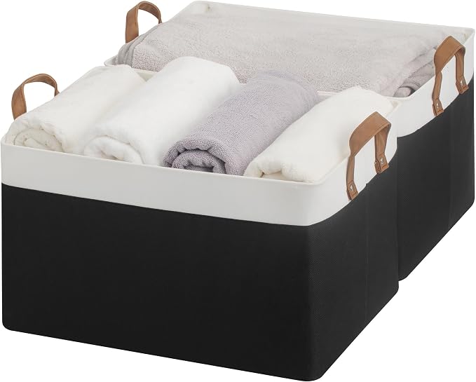 StorageWorks Fabric Storage Bins, Black and White, Jumbo, 2-Pack | With Reinforced PU Handles, 45L, Metal Frame, Collapsible, Storage Basket for Shelves, Closet, Holds Clothes, Towels, Blanket by StorageWorks