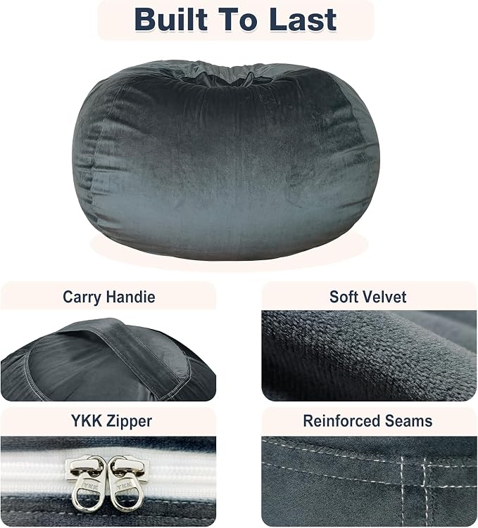 Lukeight Stuffed Animal Storage Bean Bag Chair Cover for Kids, Velvet Plush Toy Organizer Seat, Cover Only, No Filling Included, Long YKK Zipper, Side Pocket, Large 27"D x 16"H - Image 6