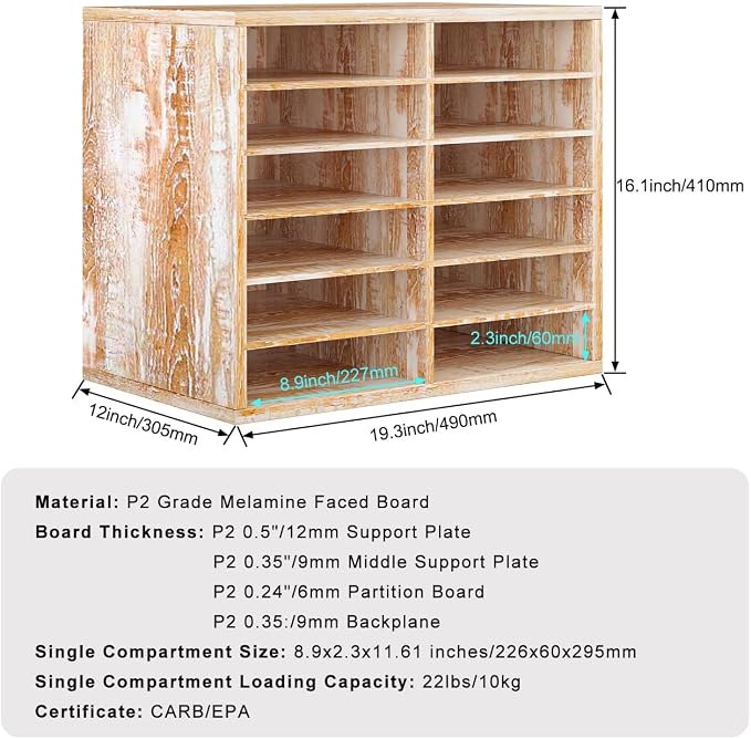 TQVAI Wood Literature Organizer, 12 Slots, Retro White | Holds 6000 Sheets A4 Papers, Adjustable Shelves, Mailbox Cubbies, For Office Home Classroom - Image 3