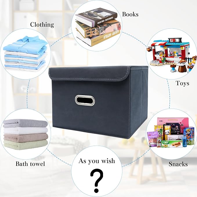 STOREONE Fabric Storage Cube Bins Foldable Organizer Container Collapsible Basket with Lids and Metal Handles, for Home, Bedroom, Closet 6 Pcs (Grey) - Image 3