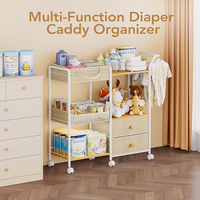 BBLIKE Diaper Caddy Organizer with Hanging Rack - 3 Tier Rolling Baby Storage Cart with Drawers and Side Pockets for Newborn Diaper Organization for Nursery, Crib, Bedroom, Changing Table, Beige - Image 2