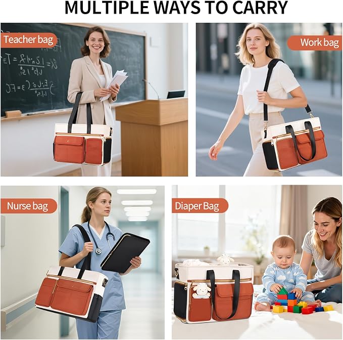 ESTARER Teacher Tote Bag for Women 2Pcs,15.6'' Laptop Work Bag Computer Bag w/File Folder & Insulated Pocket, Large Water-resistant Messenger Shoulder Bag for Office/Travel/College,Black-Beige-Brown - Image 2