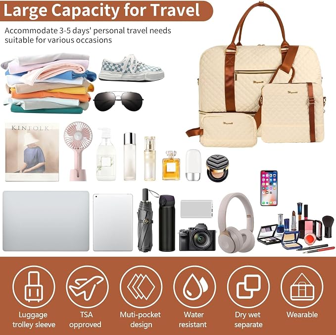 3PCS Weekender Bags for Women Large Overnight Bag, Beige | Weekender Travel Duffel Bags Carry on Shoulder with Shoe Compartment Toiletry Bag Satchel Bag for Travelling Business Gym - Image 7