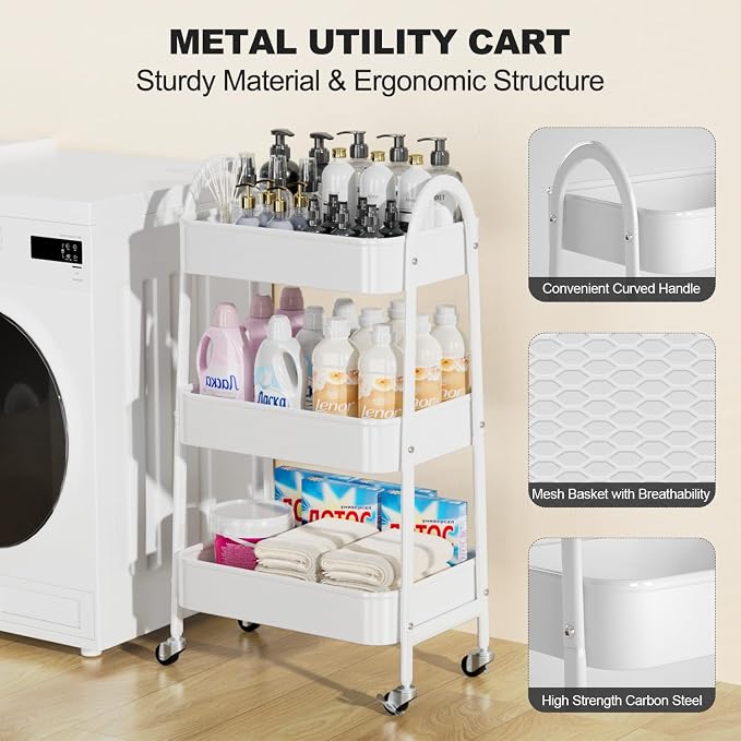 3 Tier Rolling Cart Under Desk, Large Metal Storage Cart with Handle and Lockable Wheels, Big Multifunctional Storage Organizer Trolley for Kitchen, Living Room, Office, Garage (White) - Image 3