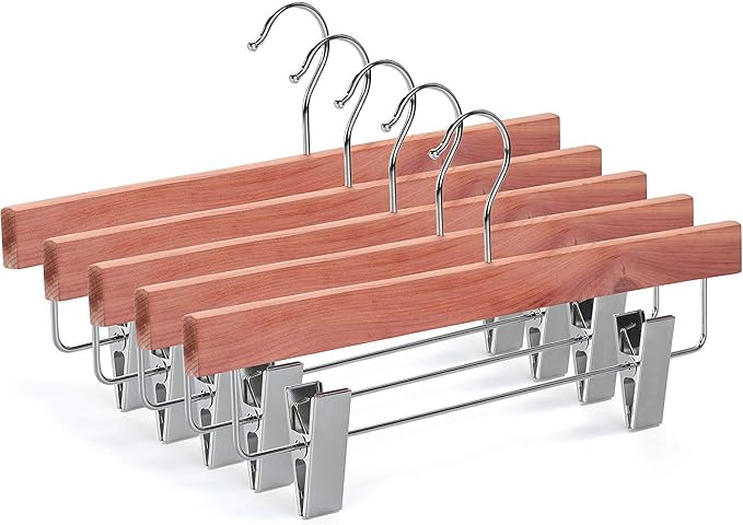TOPIA HANGER 10 Pack American Red Cedar Natural Wooden Pants Skirt Slacks Bottoms Jeans Hangers with Metal Anti-Wrinkle Adjustable Clips, 360° Stronger Chrome Hooks, CT07P by TOPIAHANGER