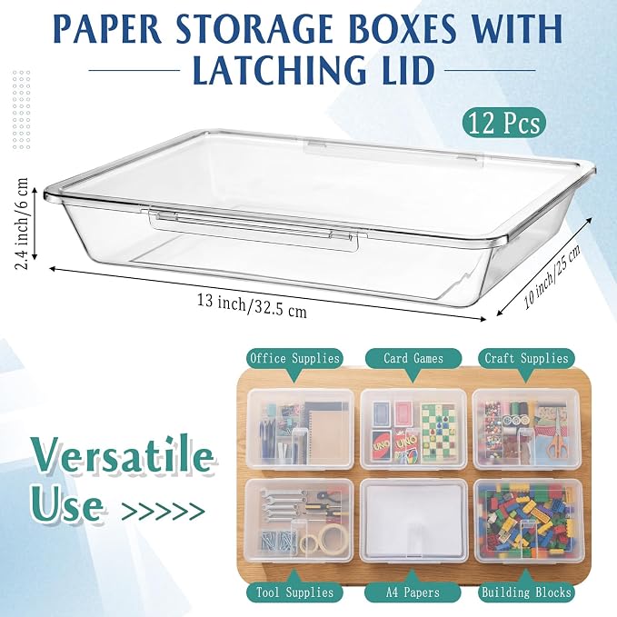 12 Pcs Classroom Paper Storage Bins with Clear Latching Lids Labels, Letter Size Stackable Flat Trays Container Paper Organizer for Teacher Back to School Office Arts Crafts (Clear,13x10in) - Image 2