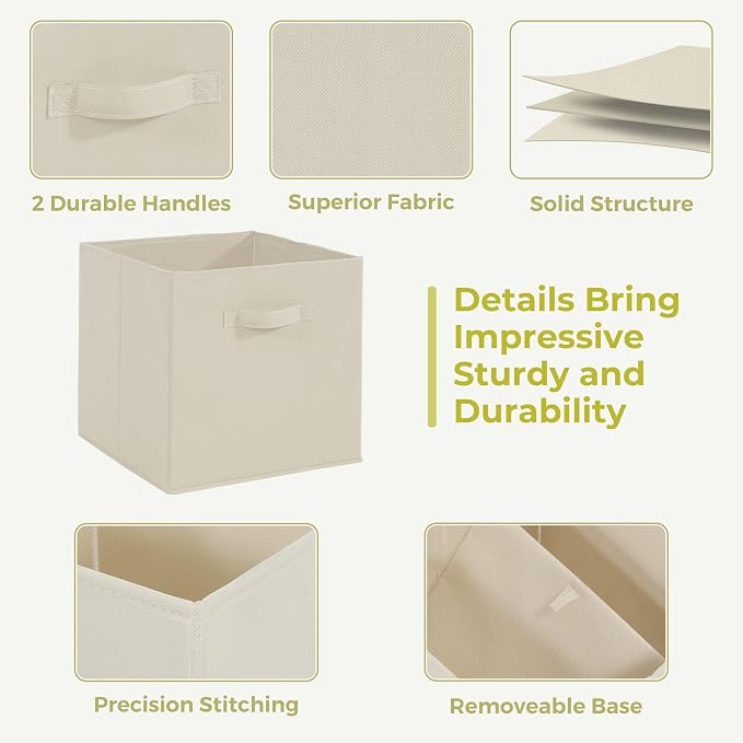 11x11 Storage Bins, Set of 8 Storage Cubes, Collapsible Cube Storage Box, Fabric Closet Organizers with Handles for Home, Office, Closet Shelf Cabinet, Bookcase, Beige - Image 3