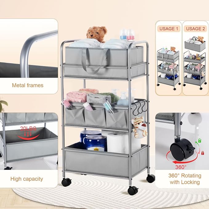 Honeydak 2in1 Baby Diaper Caddy Organizer Cart 3 Tier Large Capacity Metal Utility Bedside Rolling Cart with Divider Newborn Registry Nursery Essential Must Have Crib Bedroom Baby Shower(Gray) - Image 3