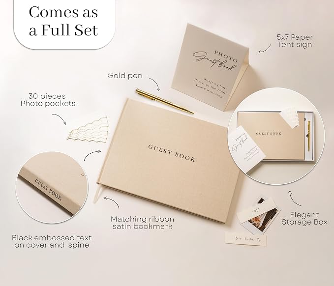 Real Linen Guest Book Set - 11.5 x 8.5 Embossed Guestbook for Weddings, Showers, Events, Blank & Lined, Comes with Sign, Pen, Box and Photo Sleeves, 120 Pages (Beige) - Image 4