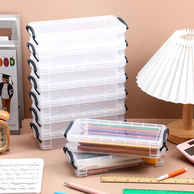 Gueevin 12 Pcs Large Capacity Plastic Pencil Box Clear Plastic Pencil Case Crayon Box with Snap Tight Lid Watercolor Pen Storage Brush Organizer Drawing Tools Container (Grey) - Image 5