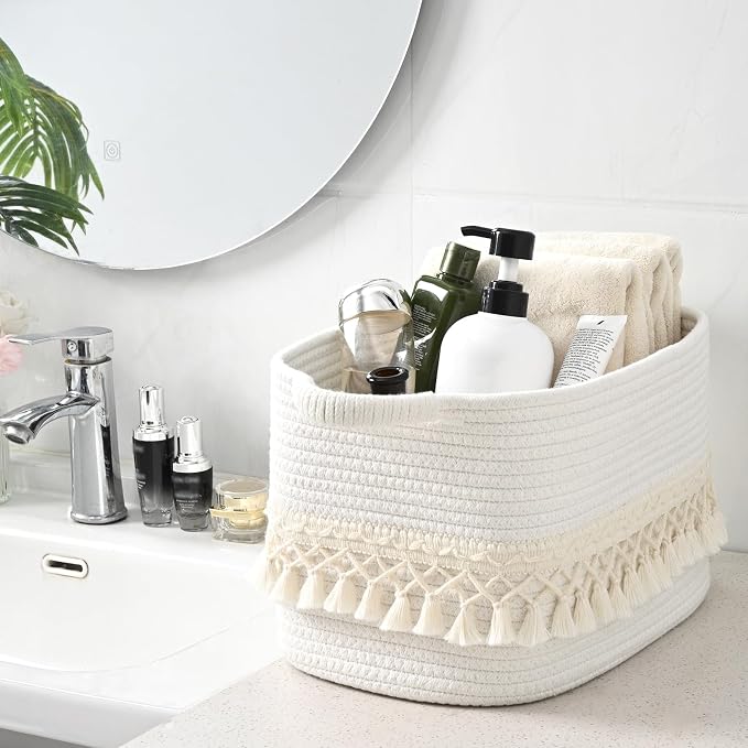 3 Pack Storage Basket for Shelves, Boho Cotton Rope Storage Bins with Heavy Tassel, Shelf Baskets Large Woven Baskets for Organizing, Cube Organizer Bins, Baby Laundry Basket for Clothes, Toys, Pets - Image 9