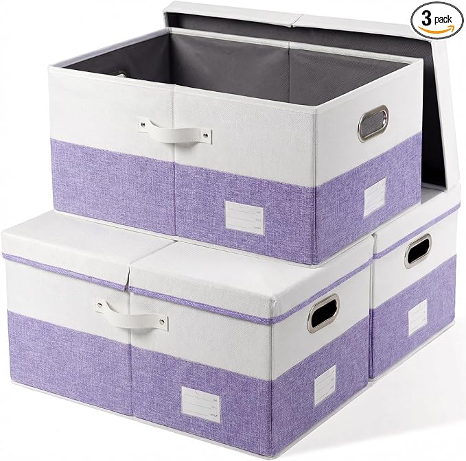 Storage Bins with Lids [3-Pack] Linen Fabric Foldable Storage Boxes Organizer Containers Baskets Cube with Cover for Bedroom Closet Office White&Purple (23.4X15.9X11.4) by Prandom