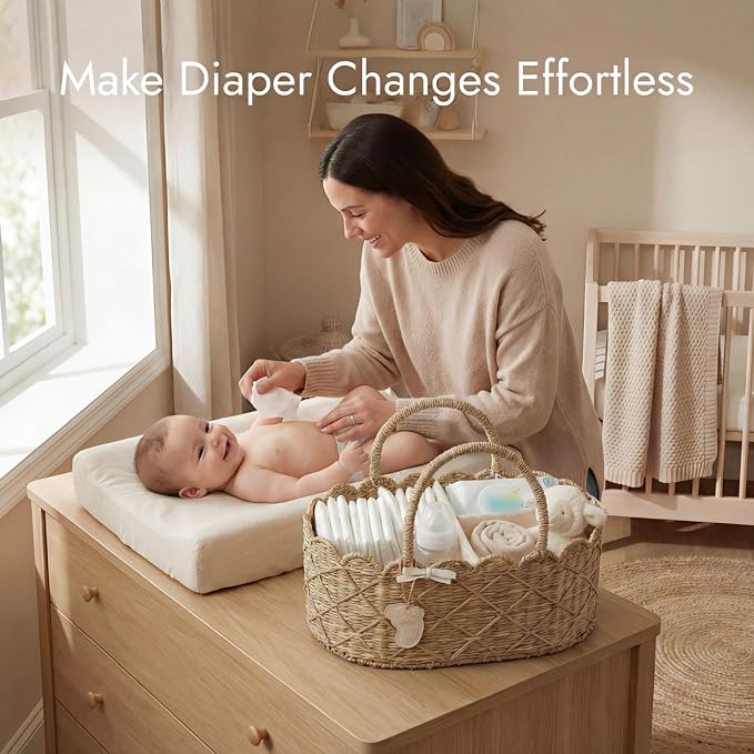 YANGQIHOME Diaper Caddy Organizer, Seagrass Nursery Baby Basket for Baby Essentials, Scalloped Wicker Diaper Caddy, Baby Shower Gifts (Diamond) - Image 5