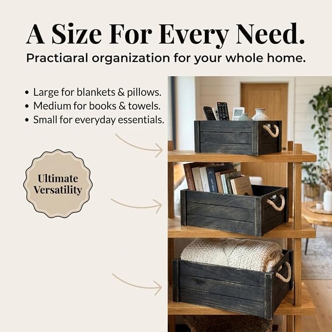 Set of 3 Black Wooden Crates with Rope Handles, Nesting Decor Storage Boxes | Rustic Farmhouse Organizer for Kitchen, Living Room, Bathroom, or Pantry. Nesting Design Keeps Shelves Tidy. - Image 6