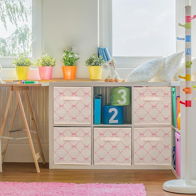 6 Pcs Light Pink Bow Cube Storage Bins 11 Inch Storage Basket | Preppy Girls Organizer Basket with Handle, Collapsible Fabric Box for Classroom Bedrooms Office Home Decoration Gift - Image 5