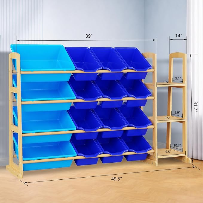 Kids Toy Storage Organizer with Bookshelf – Wooden Shelf with 16 Bins & 3 Shelves, Quick Assembly Storage Rack for Playroom, Bedroom, Nursery - Blue - Image 2