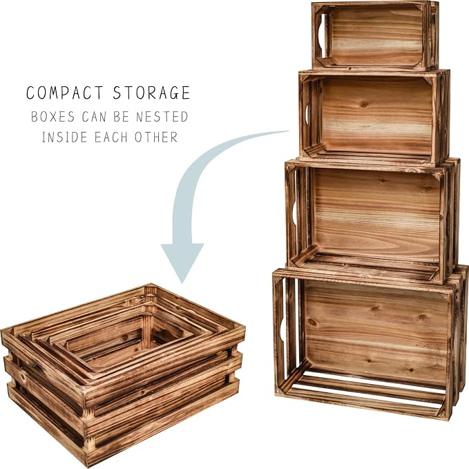 Set of 4 Large Torched Wood Decorative Storage Crates, Nesting Wooden Crates for Display Rustic, Farmhouse Wooden Storage Container Boxes Made from 100% Wood - Image 8
