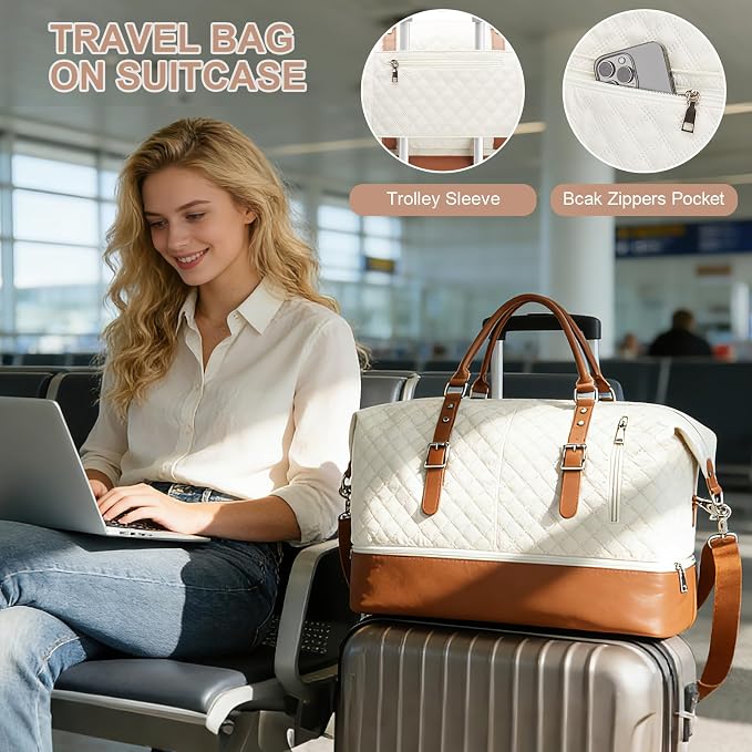 Travel Duffel Weekender Bag Women Tote Carry On Bags With Shoe Compartment | Travel Overnight Bags with Trolley Sleeve for Airplanes Sport Tote Gym for Men Waterproof Lightweight Daypack Beige - Image 3