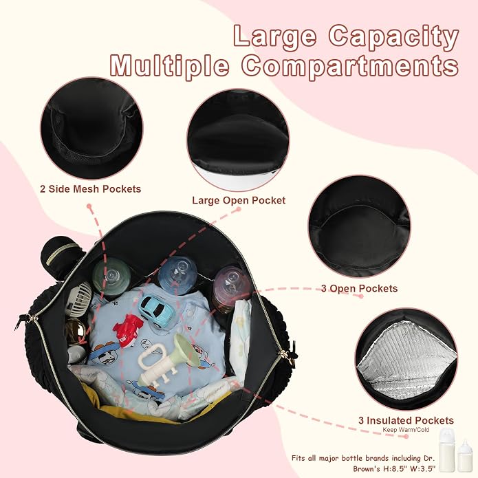 Diaper Tote Bag for Baby 6PCS, Large Mom Hospital Bags with Changing Pad | Mommy Bags for Labor and Delivery, Baby Shower Girl Boy Gift, Mama Bag with Pacifier Case Storage Bag and Shoulder Strap - Image 4