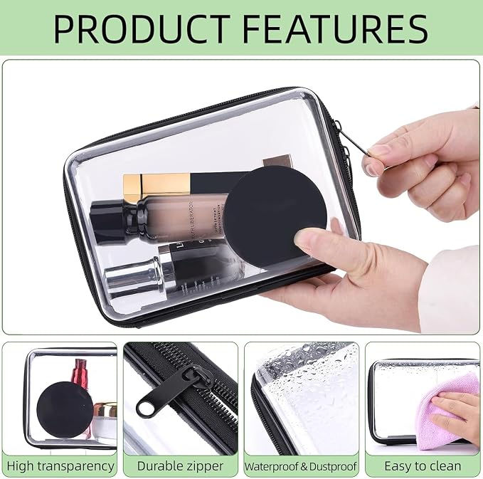 6PCS Clear Hard Shell Zipper Case 13.8 * 11.8 * 2 IN (Black) | Transparent shell for easy item access. Works as cosmetic bag, toy pouch, diaper organizer and pencil case. - Image 5